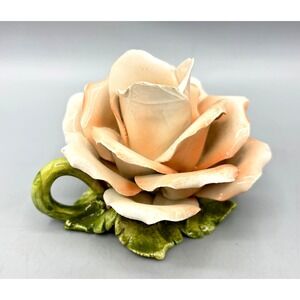 Vtg italy Ceramic Rose Flower Candle‎ Holder w/ Handle